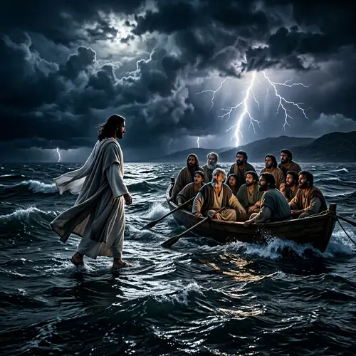 Miraculous Moment: Jesus Walks on Water at Night