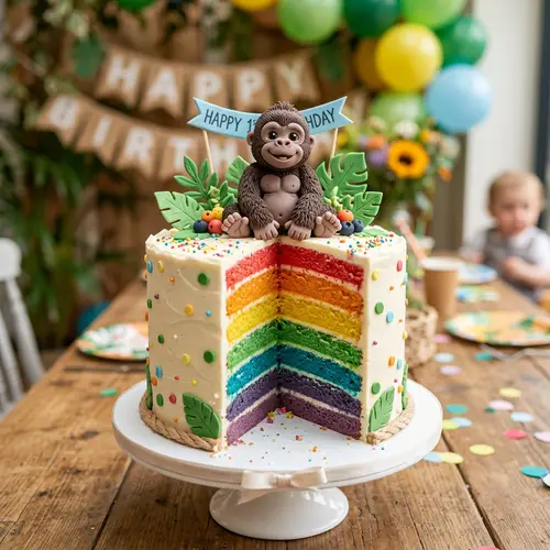 Cute Baby Gorilla Themed Rainbow Cake Delight