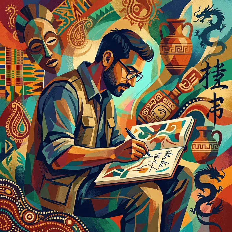 Modern Abstract Anthropologist | South Asian Male in Cultural Symbols