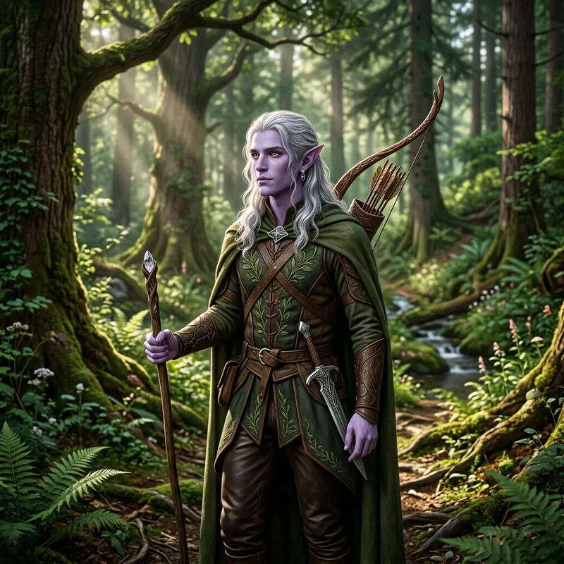 Male Elf in Forest: Silver Hair & Violet Skin