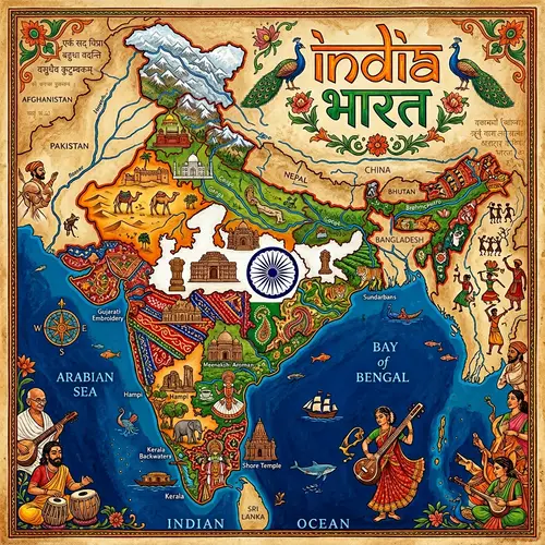 Artistic Map of India: Diverse Elements and Symbolism