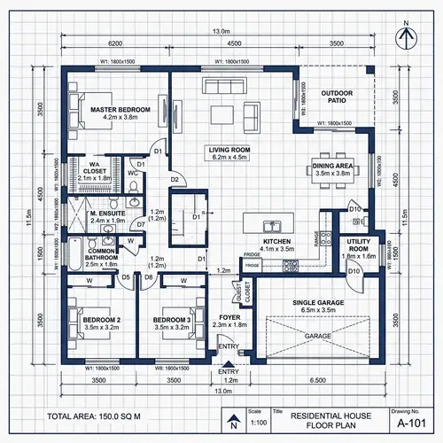 Residential House Blueprint with Living Room, Kitchen, Bedrooms & Garage