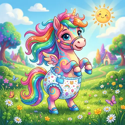 Colorful Cartoon Horse in Baby Diapers - Magical and Expressive