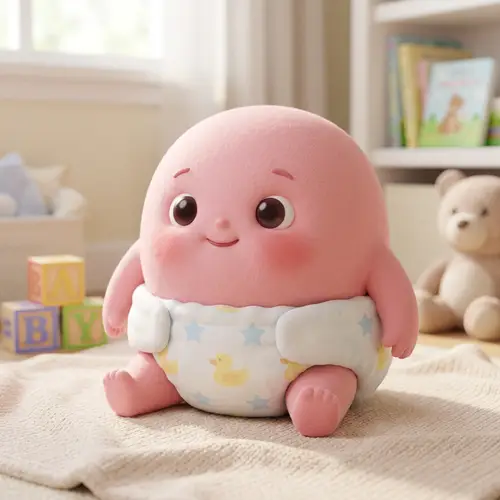 Adorable Round Pink Baby Character in Diapers