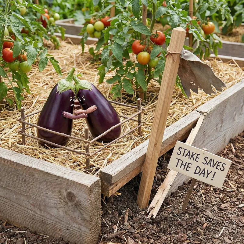 Epic Eggplants Battle: A Stake Saves the Day!