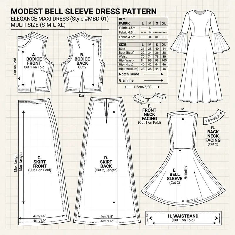 Modest Long Dress Pattern with Bell Sleeves Modest Long Dress Pattern with Bell Sleeves