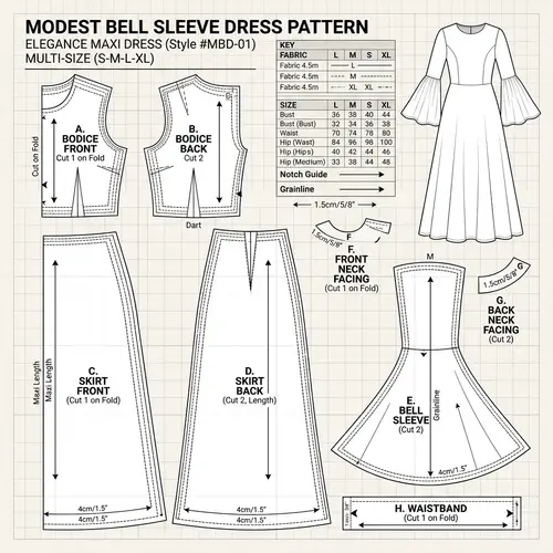 Modest Long Dress Pattern with Bell Sleeves