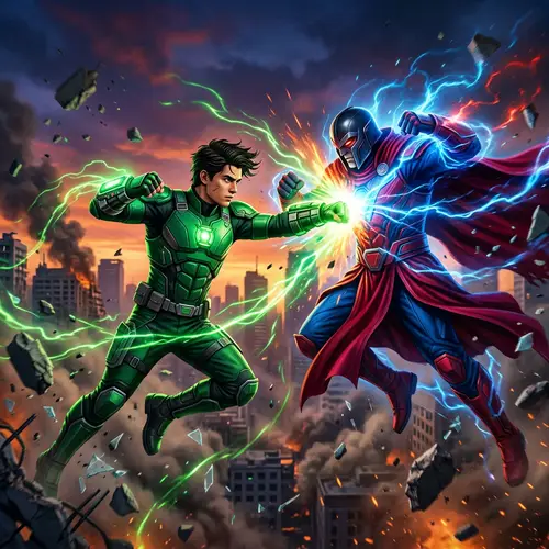 Intense Battle between Green-clad Hero and Blue-Red Figure