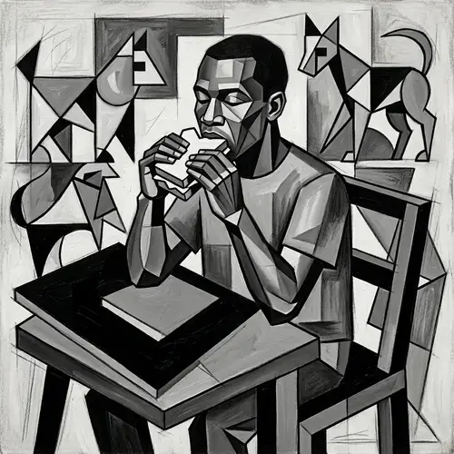 Cubism Oil Painting: Black Man Enjoying Sandwich