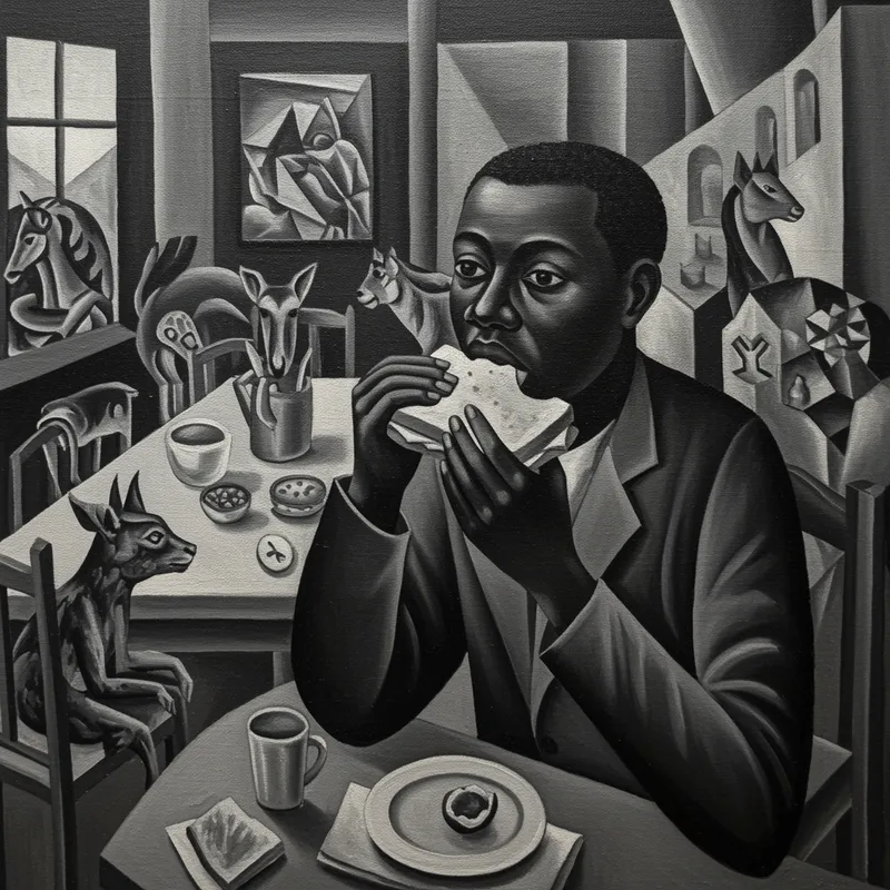 Cubism Oil Painting: Black Man Enjoying Sandwich