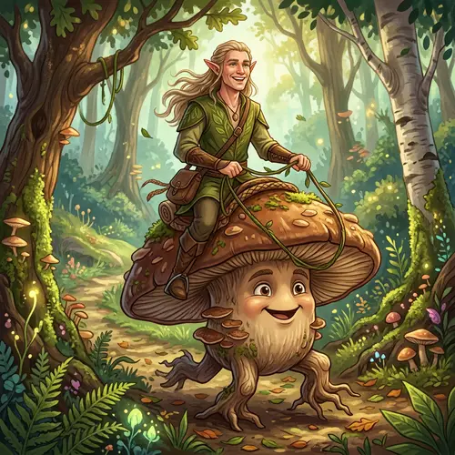 Middle-Aged Elf Riding Brown Mushroom in Woodland Journey