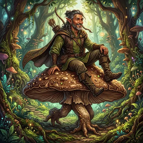 Fantastical Middle-Aged Elf Riding Alive Brown Mushroom Illustration