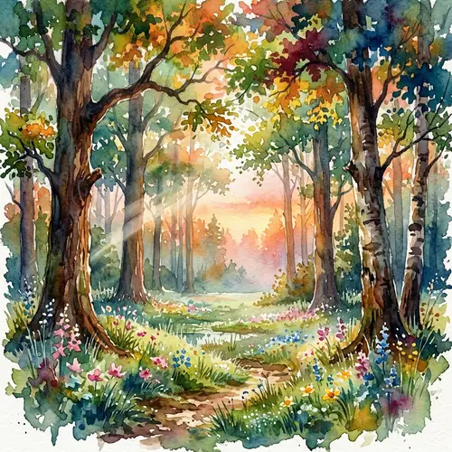 Enchanting Forest Glade at Dawn in Watercolor