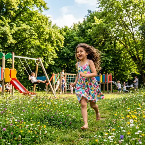 Joyful Hispanic Girl Playing in Sunny Park | Childhood Fun
