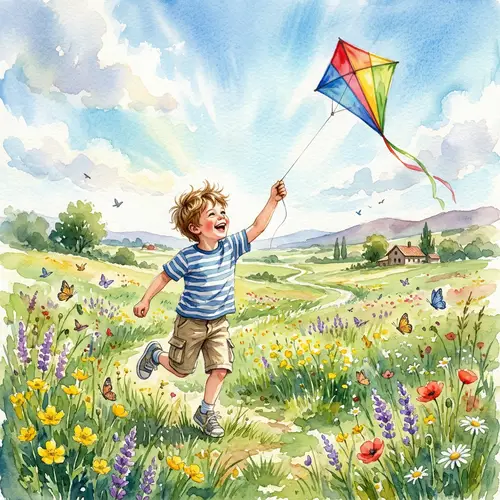 Whimsical Scene of a Young Boy Flying Kite in Sunlit Meadow