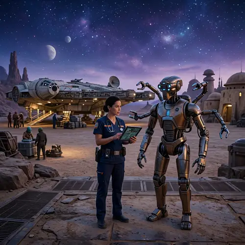 Sci-Fi Doctor with Multilimbed Robot in Galaxy | Saga Inspired Scene