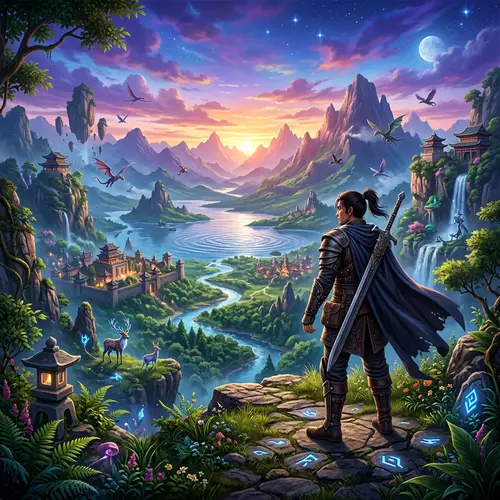 Fantasy Landscape Art: Genshin-Style Character Back View