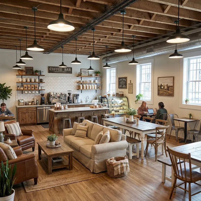 Farmhouse Coffeehouse with Cozy Social Areas Farmhouse Coffeehouse with Cozy Social Areas