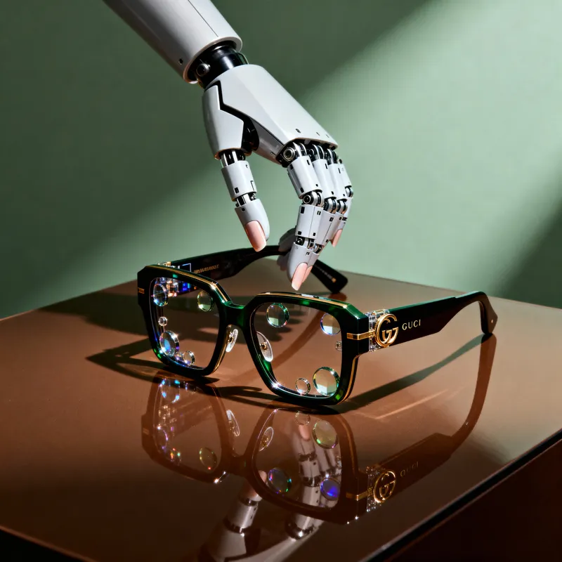 Futuristic Smart Glasses Held by Robot Hand