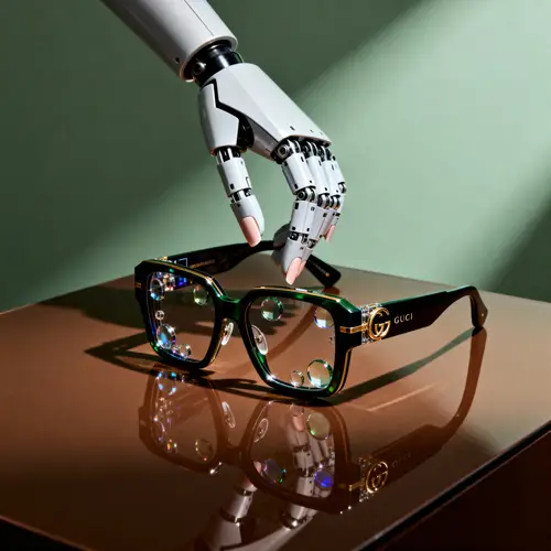 Futuristic Smart Glasses Held by Robot Hand