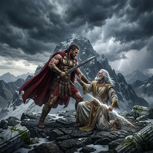 Epic Mythological Battle on Mountain Peak