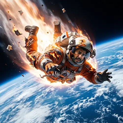 Dramatic Spacefall: Hispanic Man in Damaged Spacesuit Falling