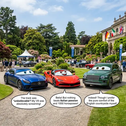 Luxury Vehicles Conversation - Surreal Scene with Cartoonish Cars