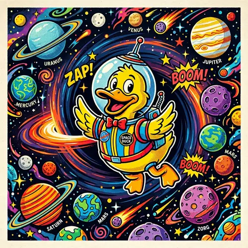 Silly Duck in Space: Bright Planets, Dark Hole - Pop Art Style
