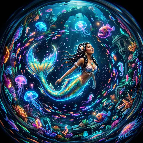 Surreal Underwater Scene with Hispanic Female Mermaid and Bioluminescent Creatures