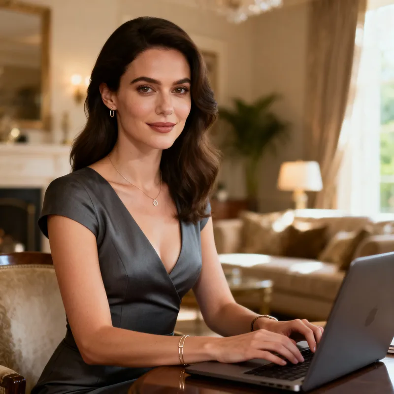 Elegant Woman at Laptop: Modern Lifestyle Look