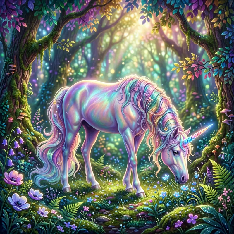 Radiant Unicorn Grazing in Dreamlike Forest