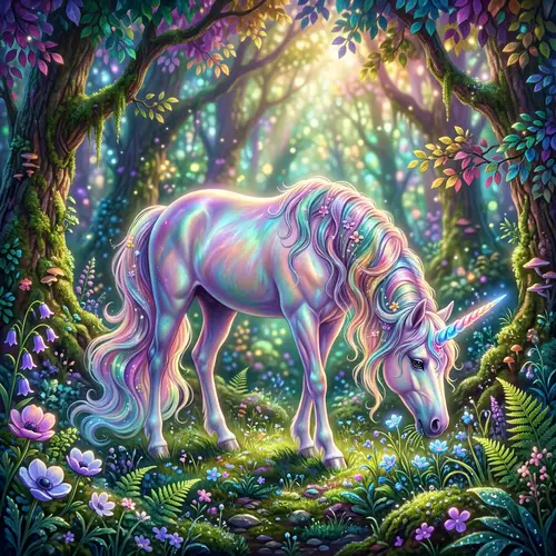 Vibrant Mystical Forest with Majestic Unicorn