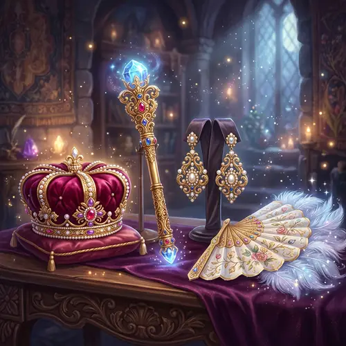 Fantasy Princess Accessories - Tufted Tiara, Gold Scepter, Pearl Earrings, Feathered Fan