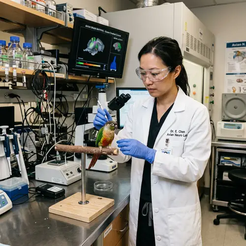 Asian Female Neuroscientist Studying Avian Neuroscience in Laboratory
