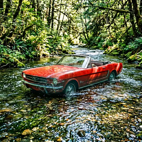 Vintage Red Car Half Submerged in Crystal Clear River