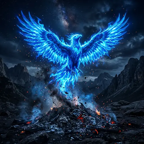 Blue Phoenix Rising from Ashes