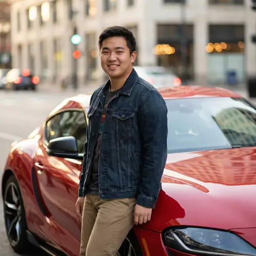 Sleek Red Toyota Supra with Stylish Young Man