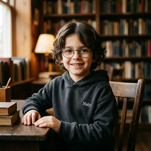 Charming Young Boy in Dark Mode Style with Circular Glasses and Wavy Hair