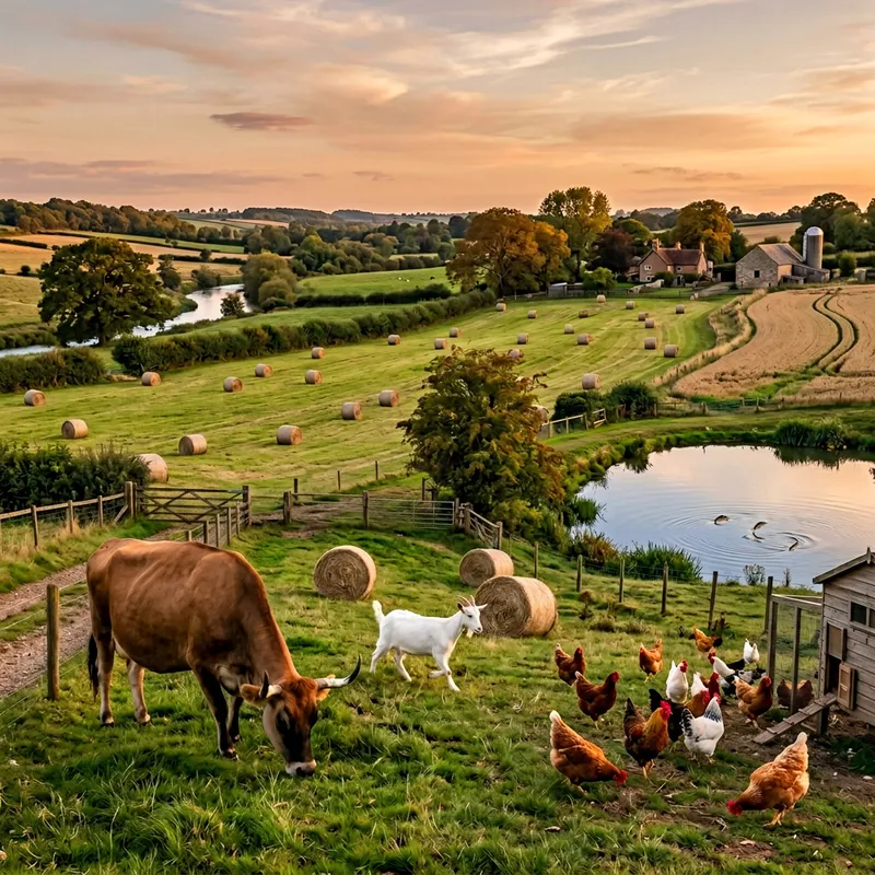 Picturesque Farmland Landscape with Cow, Goat, Hens and Fish