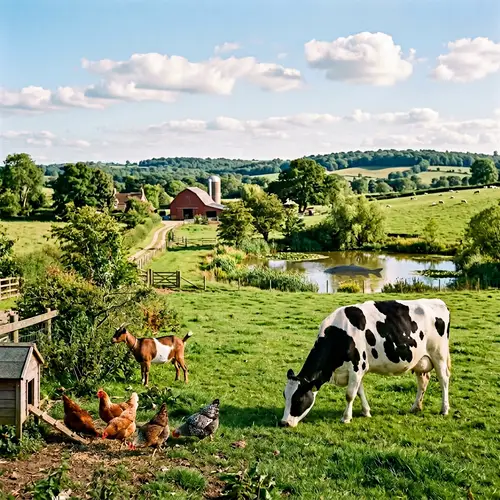 Tranquil Farmland Scene with Cow, Goat, Hens, and Fish