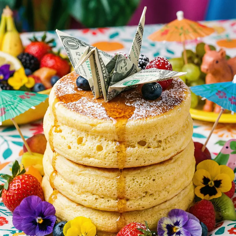 Fluffy Pancake Stack with Dollar Bill Topper
