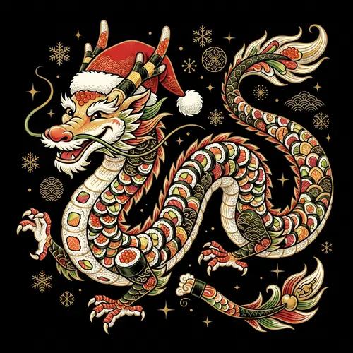 Whimsical Sushi Dragon in Santa Hat - Holiday Vector Art
