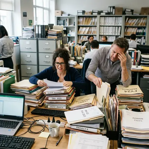 Stressed Office Workers Searching Through Files
