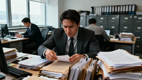 Stressed Office Workers Searching Through Files
