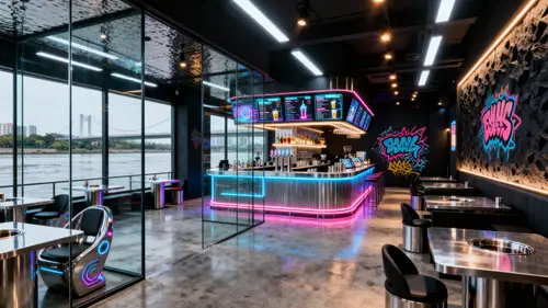 Cyberpunk Restaurant Design Near River - Gen-Z Vibe