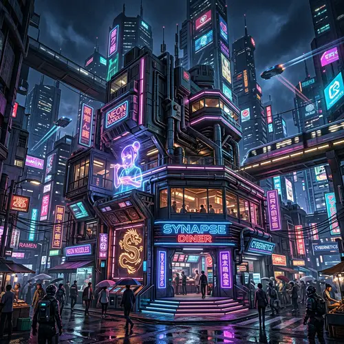 Cyberpunk Restaurant Design Near River - Gen-Z Vibe