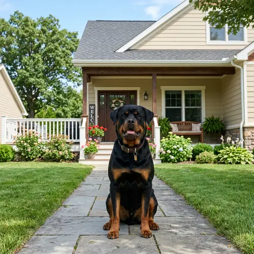 Majestic Rottweiler Sitting in Front of Welcoming House