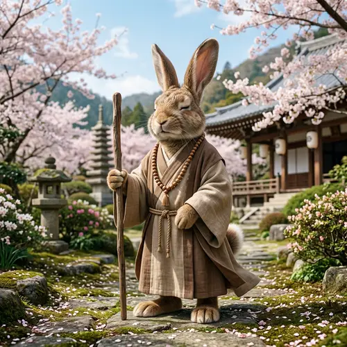 Anthropomorphic Rabbit Monk with Wooden Staff