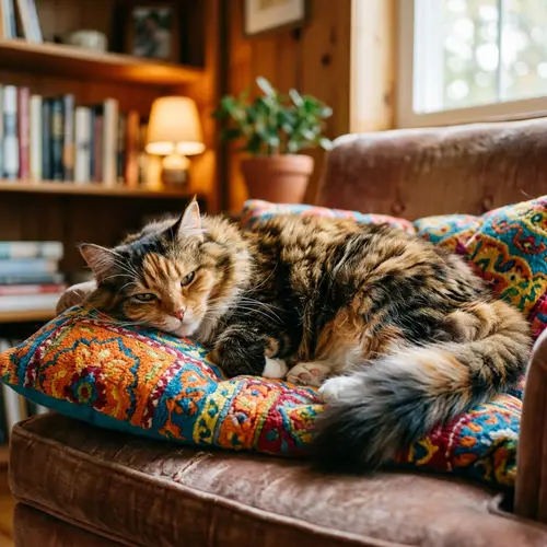 Calico Fat Cat Resting Comfortably on Cushion
