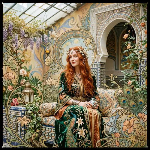 Enchanting Art Nouveau Style Portrait of Moroccan Woman with Radiant Red Hair